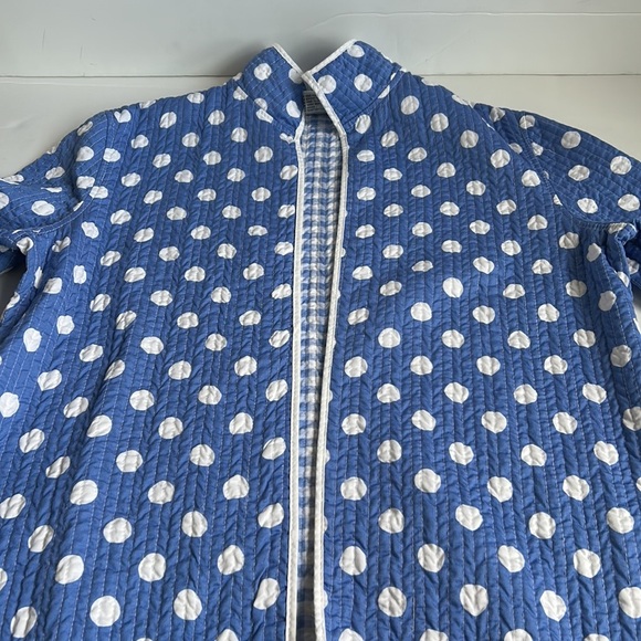 Patty Kim blue with white polka dots quilted roll sleeve open front jacket - Picture 15 of 16
